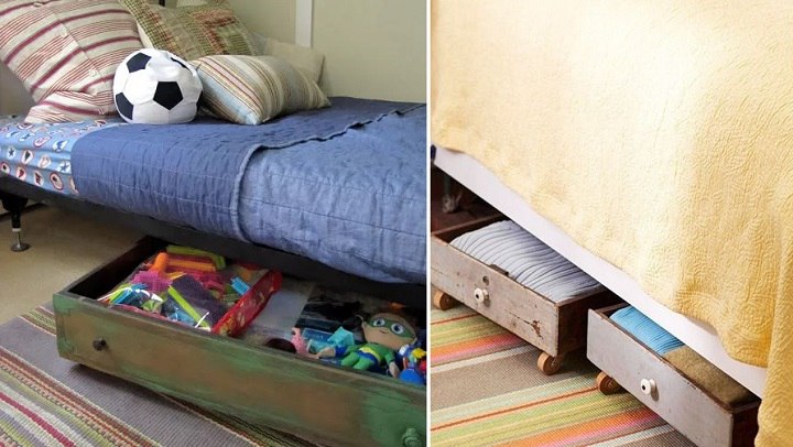 استفاده از کشوهای قدیمی در زیر تخت برای مرتب کردن وسایل